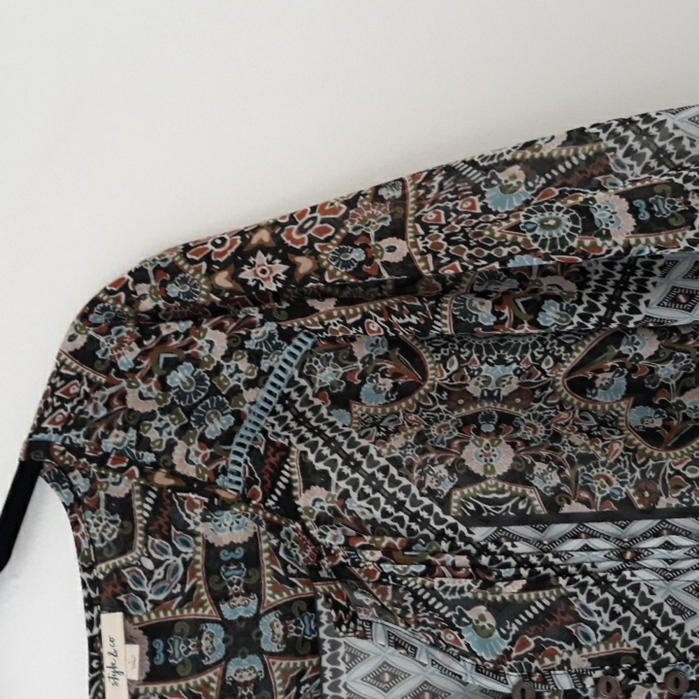 Style & Co. Mixed Print V neck Sheer Bell Sleeve Blouse - Picture 3 of 6